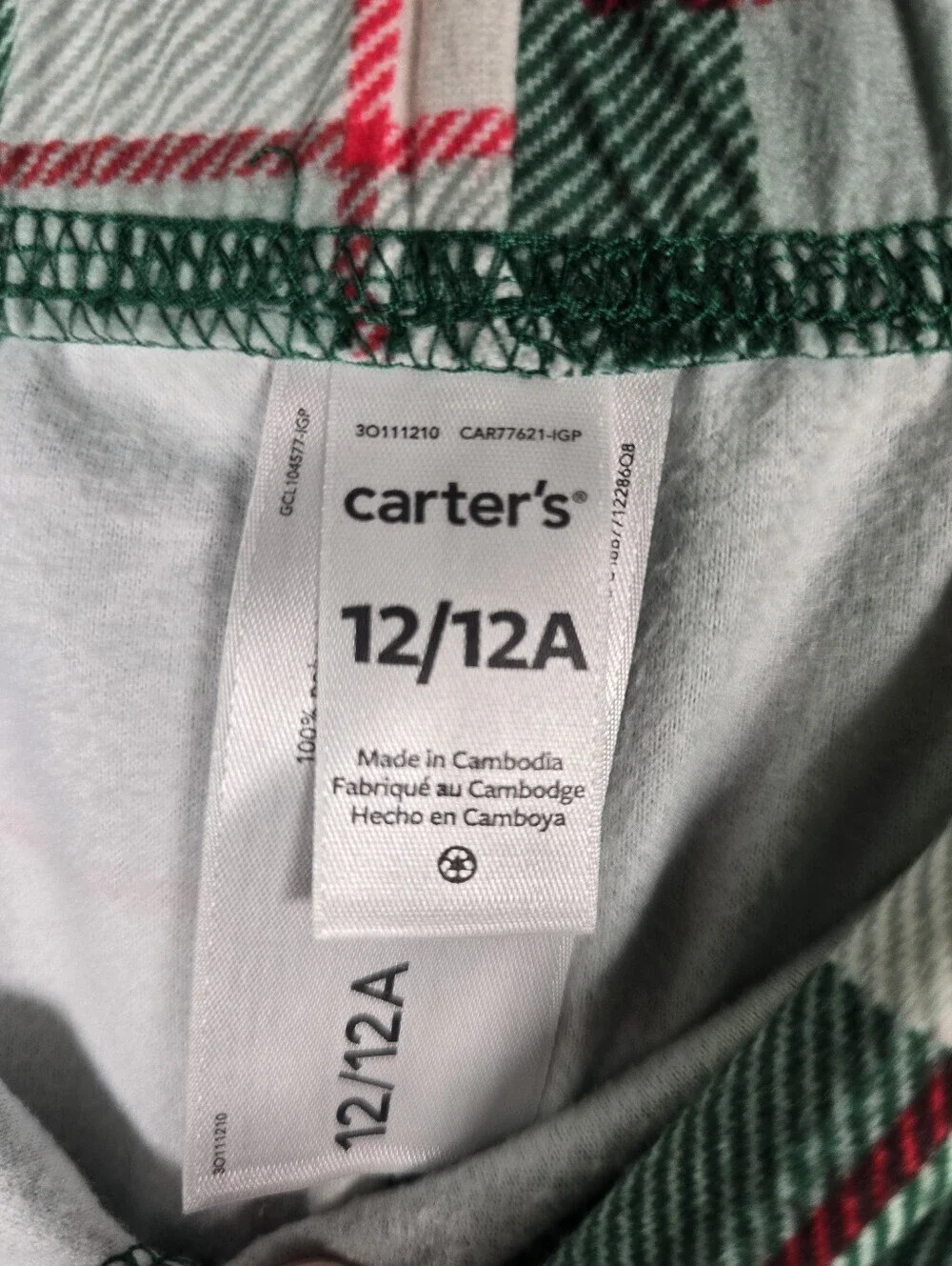 NWOT Carter's Green, Red and White Plaid Button-Front Pajama Set Boys Size 12